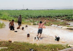 Şanlıurfa’da çocuklar tahliye kanallarında serinliyor 